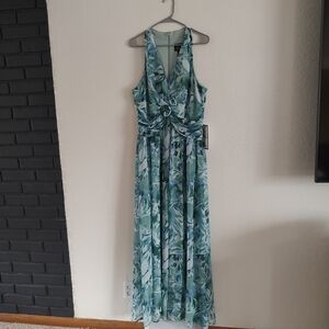 Adrianna Papell Green Blue Floral Maxi Dress with Twist Front